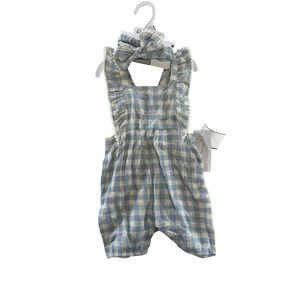 NWT Emily and Oliver Baby Girls Blue‎ Gingham Romper and Headband Set 18 Months